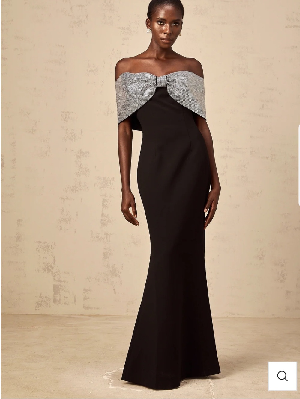 NWT Miss Rosier Off-Shoulder Black Evening Gown with Silver Rhinestone Bow
